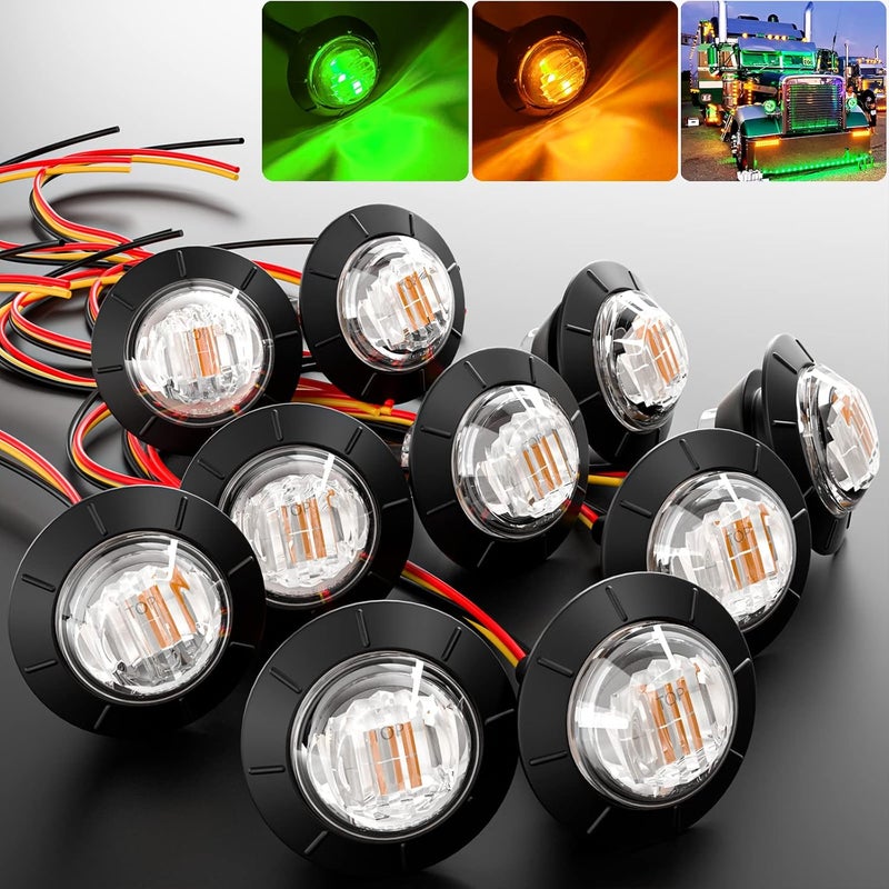BJZ 3/4" Round Trailer Marker LED Lights Amber to Green Dual Color Side Clearance Tail Bullet Light 12V 4LED Indicator Light w/Clear Lens for Trailer Truck Van RV ATV Bus, 10Pcs - Image 1